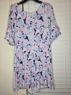 Lilly Pulitzer Lula Romper Blue Pink Paisley Ruffle Sleeve L resort beachy